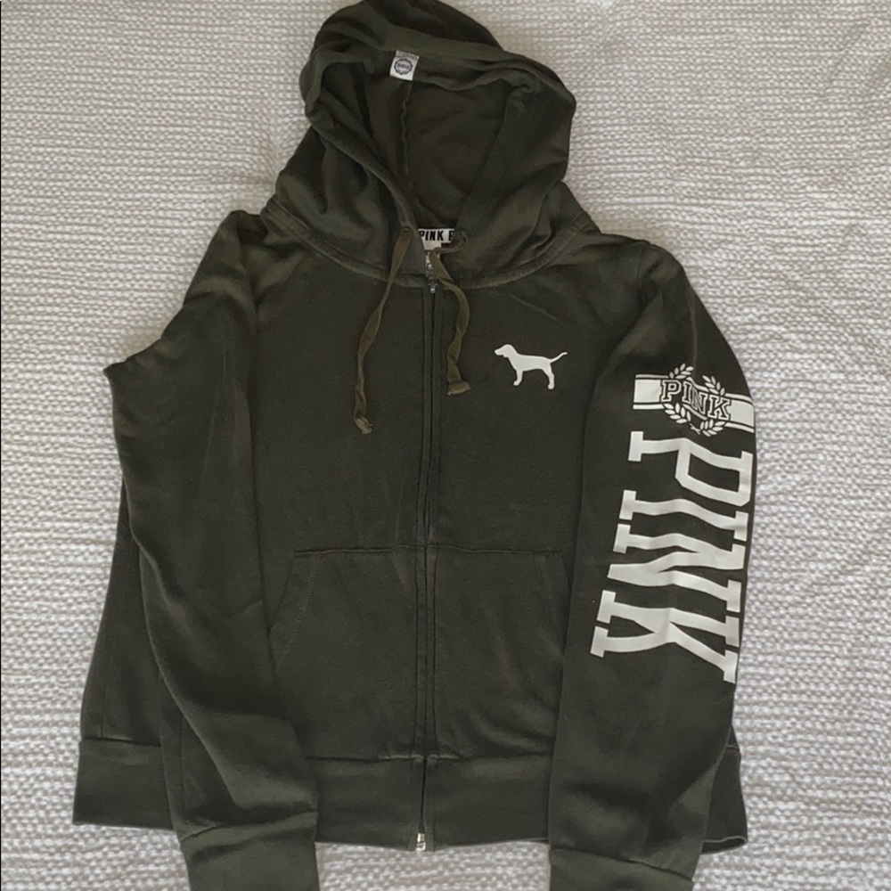 PINK Zip Up Hoodie in Army Green